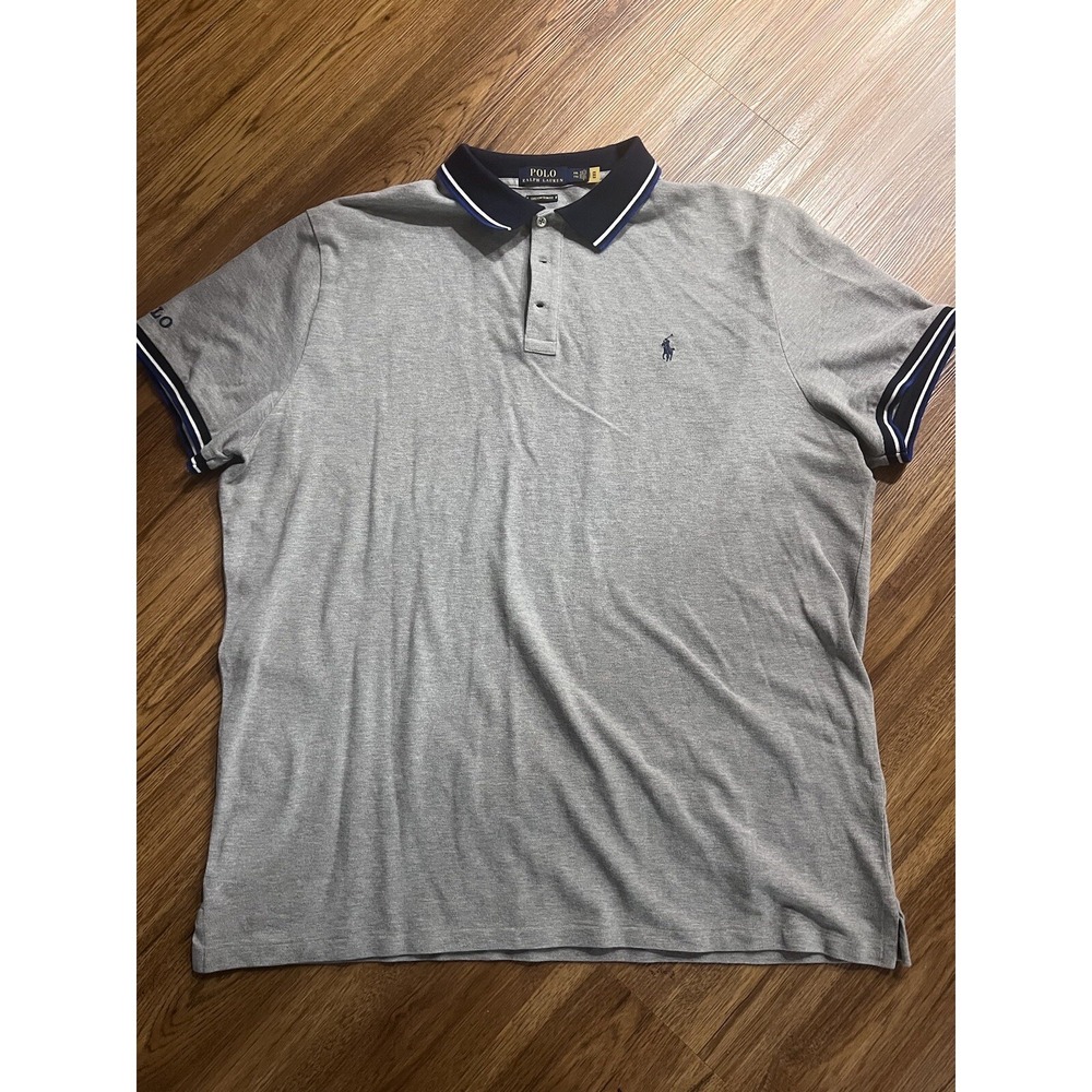 POLO Ralph Lauren Size XXL Gray With Blue Collar Short Sleeve Custom Slim Fit